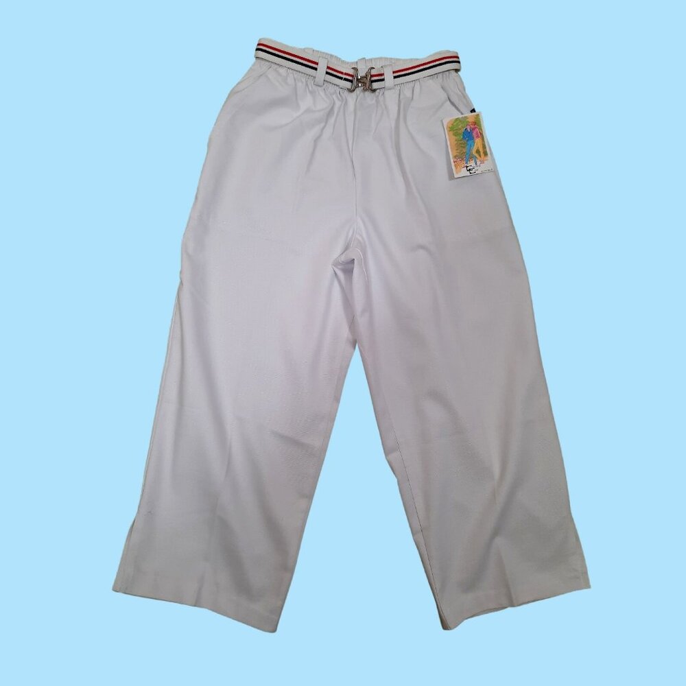 Vintage 80s Deadstock Belted Pull On Pants White Cropped Capri Length Size S